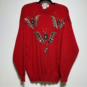 Franco Valeri Vintage 80s Beaded Sequin Sweater Red Embellished Holiday Party M